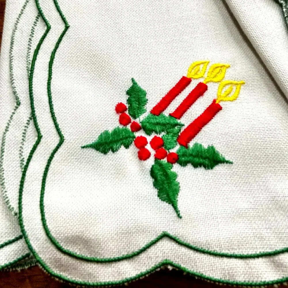 PAIR of Christmas table mats doilies toppers white candle poinsettia embroidery